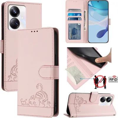 Produktbild von Leder Hülle für Realme 10 Pro+ Süße Katze Flip Case Brieftasche Schutzhülle mit Standfunktion Pink