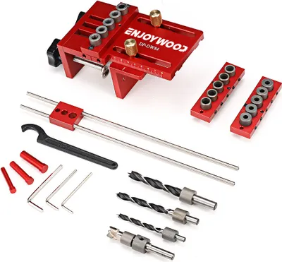 Produktbild von ENJOYWOOD 3-in-1 verstellbare Holzdübel-Schablone, Pocket Hole Jig Bohrführung, Lochstanzer für Möbelverbindungen, Holzwerkzeug-Set, Kartonverpackung