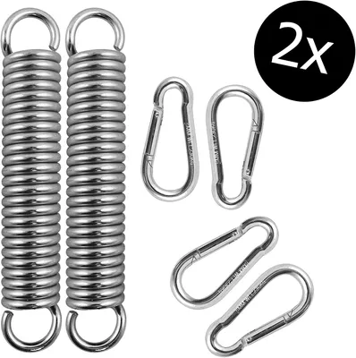 A set of two silver springs and four silver carabiner clips on a white background.