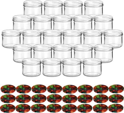 Produktbild von gouveo 24er Set Einmachgläser 230 ml rund mit Schraubdeckel Obst - Vorratsgläser mit Drehverschluss TO82 für Marmelade und Selbstgemachtes