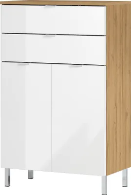 Produktbild von Kommode "415" in hellbraun | weiss mit 2 Schubladen und 2 Türen. Abmessungen (BxHxT) 60x97x34 cm