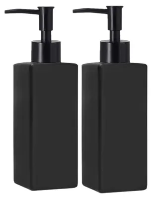 Image de Distributeurs de savon en verre, noirs, lot de 2. Flacons doseurs pour la cuisine et la salle de bain