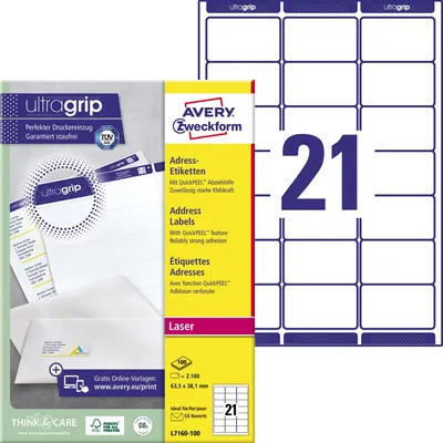 Obrázek produktu pro Avery L7160-100, Bílá, Zaoblený obdélník, Permanentní, Papír, Laser, 21 kusů