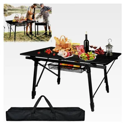 Produktbild von Klapptisch mit Aluminiumrahmen, höhenverstellbar, Gartentisch, inkl. Tragetasche, für Camping und Balkon, 90x52x45cm, Schwarz