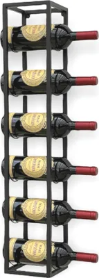 A black metal wine rack holding six bottles of red wine.