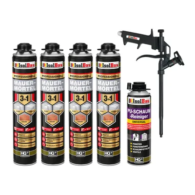 Produktbild von Isolbau Mauermörtel Pistolenschaum SET - Teflon Schaumpistole, PolyurethanReiniger Montageschaum Klebeschaum PolyurethanMörtel 4 x 750ml