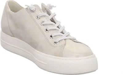 A single gold metallic leather sneaker with white laces and a white sole is shown against a white background.