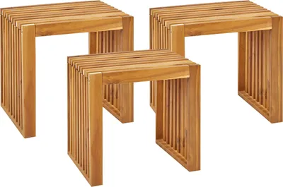 Produktbild von BELIANI Gartenhocker 3er Set Hellbraun Akazienholz Latten-Optik Garten Outdoor Balkon Terrasse Ausstattung Möbel Holzstuhl Gartenstuhl ohne Lehne
