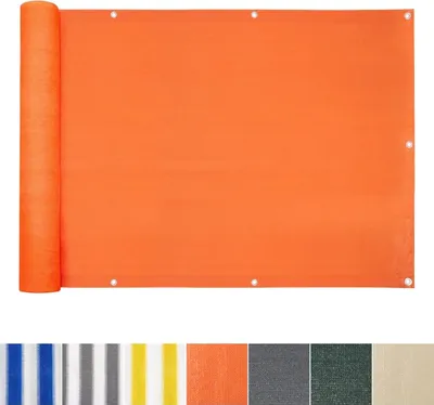 A rolled-up orange privacy screen is displayed against a white background. Below the main product image, there are several smaller swatches of different colored and patterned fabrics, likely representing other available options or materials.