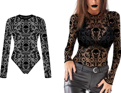 Productafbeelding van Halloween schedel-kantjurk, zwart, mystiek ontwerp, elegante outfit, perfect voor een nacht vol griezeligheid, feest en extravagantie. Maat: 38 - 40 (M), kleur: zwart
