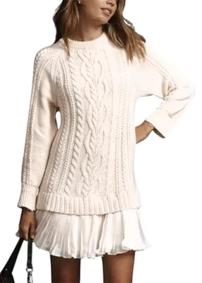 Produktbild von ASKSA Damen Pulloverkleid Cable Knit Rundhals Strickkleid Einfarbig Langarm Minikleid Freizeitkleider Pullover (Apricot,XXL)