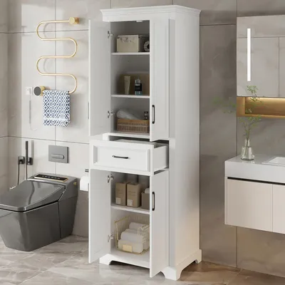 Produktbild von STILVORA Badezimmerschrank mit verstellbaren Einlegeböden und Auszugsschubladen,Hochschrank mit Doppeltüren, Badschrank mit Kippsicherung