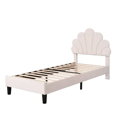 Produktbild von Polsterbett Kinderbett(90 x 200cm,Beige)Gästebett,Bettgestell mit Kopfteil in Blumenform und Lattenrost,Huasbett in hautfreundlichem Samtstoff