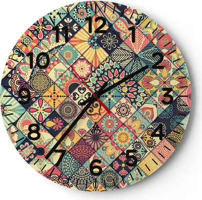 Produktbild von Wanduhr - Rund - Glasuhr - Blumen Mosaik - 40x40cm - Schleichendes Uhrwerk - Lautlos - zum Aufhängen bereit - Dekoration Modern - Wanddekoration aus Glas - C4AR40x40-3815