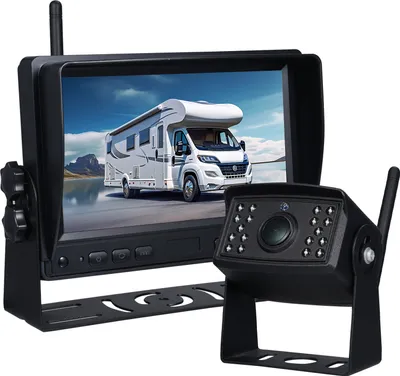 Obrázok produktu pre Bezdrôtová súprava zadnej kamery a monitora – 7-palcový HD displej, širokouhlý objektív 120°, nočné videnie IR, vodotesnosť IP69, dosah prenosu 150 m pre osobné a nákladné automobily