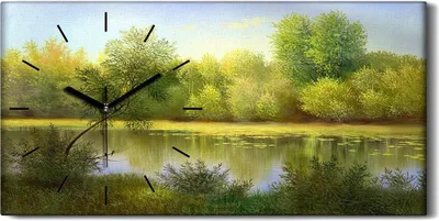 Produktbild von Wanduhr Bürouhr Leinwand Bild Geräuschlos 60x30 Waldlandschaft Holzsee Wasser - schwarze Hände