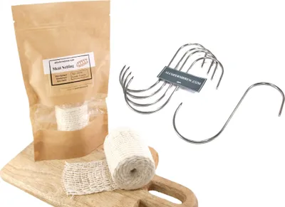 Produktbild von Fleischnetz 150mm / 5m + Fleischhaken x 5 - Schinkennetz, Räuchernetz, Fleischhaken