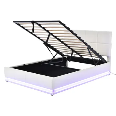 Produktbild von Polsterbett 140x200 cm mit LED Beleuchtung & Hydraulisch anhebbarer Bettstauraum ,Bettkasten & Lattenrost Bezug aus Kunstleder Doppelbett Jugendbett
