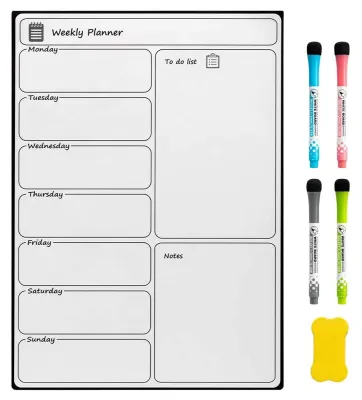 Image de Tableau blanc magnétique A3, planificateur hebdomadaire, avec 4 marqueurs et 1 gomme, pour la cuisine