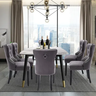 Image de Puluomis Chaises de salle à manger en velours (lot de 8) Chaise de cuisine Chaise rembourrée Fauteuil de salle à manger avec pieds en bois massif et tête de clou Gris, Elégant, Noble