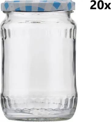 Produktbild von Einmachgläser 580 ml FACETTE klar/transparent 20 Stück INKLUSIVE HELLBLAUEN KARIERTDECKELN, Anzahl der Teile in einer Packung: 20