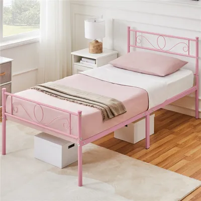 Produktbild von Yaheetech Bettrahmen Metallbett für 90 x 190 cm Matratze Bettgestell aus Metall Gästebett mit Lattenrost Hellrosa