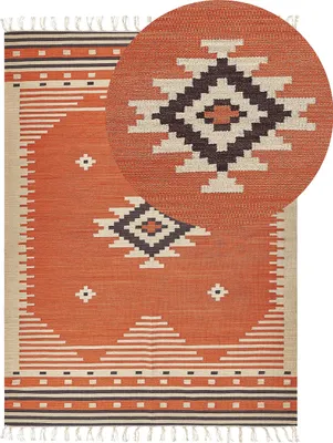 Obrázok produktu pre BELIANI Kelímový koberec oranžový bavlnený 140 x 200 cm obdĺžnikový obojstranný geometrický vzor tradičný dizajn