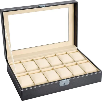 Immagine prodotto di Scatola per orologi Intirilife con 12 scomparti Scatola per orologi con coperchio in vetro nero - 30 x 20 x 8 cm - Vetrina per conservare, trasportare e presentare orologi e gioielli