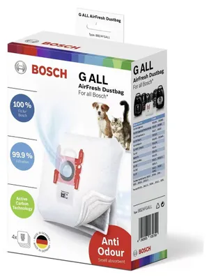 A Bosch G ALL AirFresh Dustbag for vacuum cleaners, packaged in its original box.