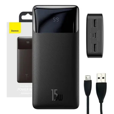 Image de Baseus Bipow Banque d'énergie à charge rapide 20000mAh 15W noir (Overseas Edition) + câble USB-A - Micro USB 0,25m noir (PPBD050101)