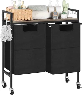 Productafbeelding van Famanu wasmand met wielen, 2 compartimenten, waterdicht, multifunctionele wasbox voor badkamer en slaapkamer, grijs