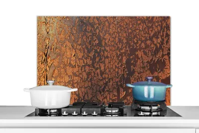 Obrázek produktu pro KitchenYeah® Splashback kitchen - Kuchyňský splashback - Ochrana stěny sporáku a dřezu - Rez - Hnědá - Oranžová - Kov - Vzor - Struktura 90x60 - Alu-Dibond (alternativa ke skleněnému splashbacku) - Hitz