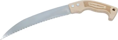 A pruning saw with a wooden handle is shown against a white background.