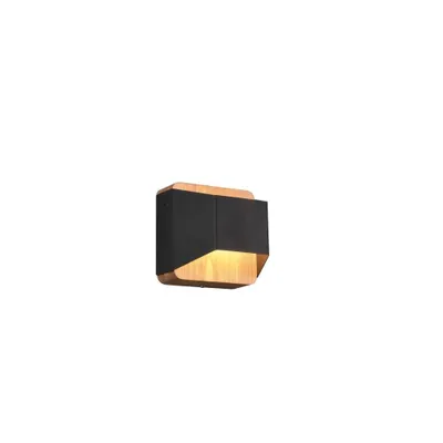 A modern wall lamp with a black and wood finish, illuminated from within.