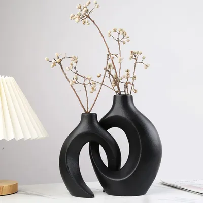 Produktbild von 2er Keramik Vase, Pampasgras Vasen matt, Dekovase, Handgefertigte Getrocknete Blumenbehälter, Boho Blumenpflanzenbehälter, Kunsthandwerk, Schwarz