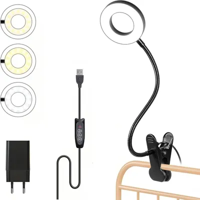 Image de Lampe de lecture USB - Idéale pour la lecture et le travail - 30 niveaux de luminosité - Pince de 6 cm - Noir