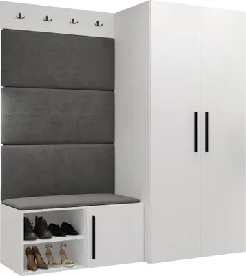 Produktbild von MIRJAN24 Garderoben-Set Medi I, Schuhschrank, Kleiderhakenbrett, 4x Paneel 84x42, 4 Kleiderhaken (Farbe: Weiß, Manila 16)