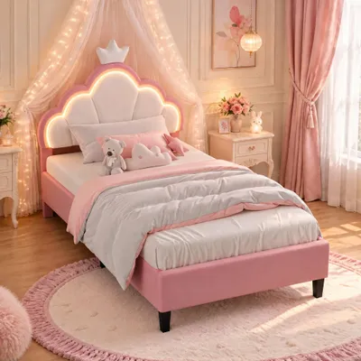 Productafbeelding van INONEFT Kinderbed, gestoffeerd bed, 90x200 cm, prinsessenbed, enkelbed met LED-verlichting, meisjesbed voor tieners met verstelbaar hoofdeinde, kroonmotief, fluweel, roze