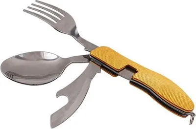 Produktbild von 4in1 Camping Besteck klappbar in Gelb (Gold), Reisebesteck aus rostfreiem Edelstahl, Outdoor Besteck, Bundeswehr Feldbesteck