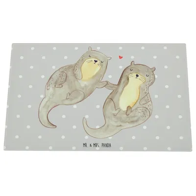Produktbild von Mr. & Mrs. Panda Schneidebrett Glas Otter Hände halten - Grau Pastell - Geschenk, Schneidbrett, Verliebt, Schneideplatte, Romantisch, Liebe, glücklich, Seeotter