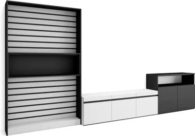 Produktbild von Wohnwand Wohnzimmer, 360x35x186cm, Für TV-Geräte bis zu 65", Wohnzimmer Möbel, Weiß und Schwarz