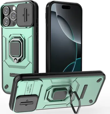 Produktbild von Hülle für iPhone 16 Pro Dual Layer Handyhülle Schiebe Kamera Schutz und Ringhalter Ständer Grün