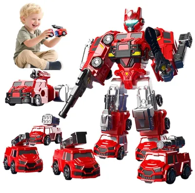 Image de Set de jouets 9 en 1 : robot magnétique transformable, véhicules de chantier, voitures, jouets à assembler soi-même, puzzle éducatif stimulant la créativité, jouets de construction pour garçons, rouge