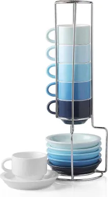 Immagine prodotto di Set di tazze in porcellana, 6 pezzi da 70 ml, con supporto in metallo per latte, caffè e tè