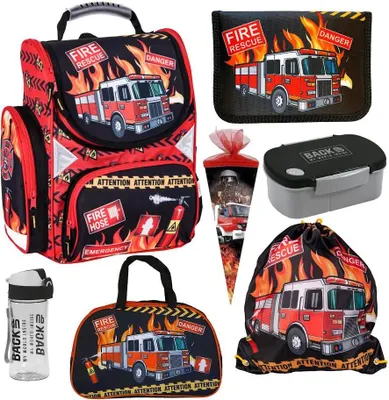 Produktbild von Feuerwehr Firefighters Schulranzen Grundschule ergonomischer Ranzen Federmappe Federtasche Federmäppchen ohne Inhalt Turnbeutel Brotdose Trinkflasche Zuckertüte Sporttasche 7er Set Fire