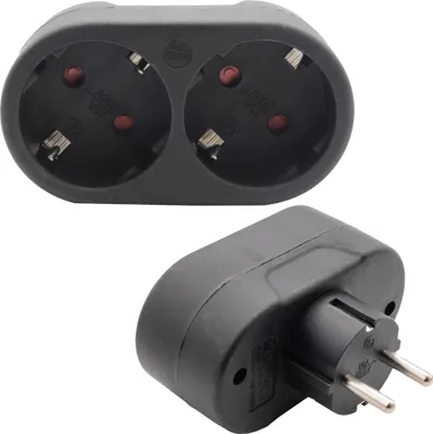 A black electrical adapter with two sockets and a plug.