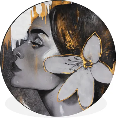 Produktbild von MuchoWow® Aluminium Wandkreis Gemälde - Ölgemälde - Frau - Blume - Gold Ø 60 cm Wanddeko Modern Wohnzimmer - Wand Kreis - Wandbild - Schlafzimmer - Aluminium Bild - Kinderzimmer - Wohnzimmer Dekoration - Wandschmuck