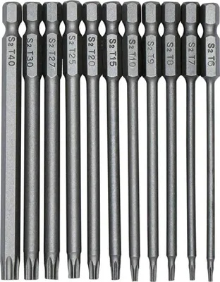 Produktbild von 11-teiliger langer Torx-Bitsatz für Schraubendreher und Akkuschrauber – Magnetische Bits – 1/4-Zoll-Sechskantschaft – Größen T6 bis T40 – 100 mm Länge