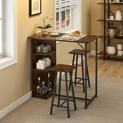 Image de Ensemble de table de bar avec 2 tabourets, table haute avec porte-verre à vin et étagère, style industriel, couleur marron rétro