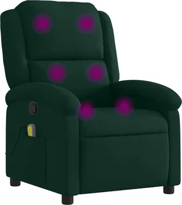 A dark green massage chair with purple glowing circles indicating massage points.